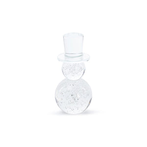 ZODAX ICY COLD CRYSTAL GLASS SNOWMAN, a 3 in x 6.75 in clear glass figurine wearing a top hat and filled with trapped air bubbles.