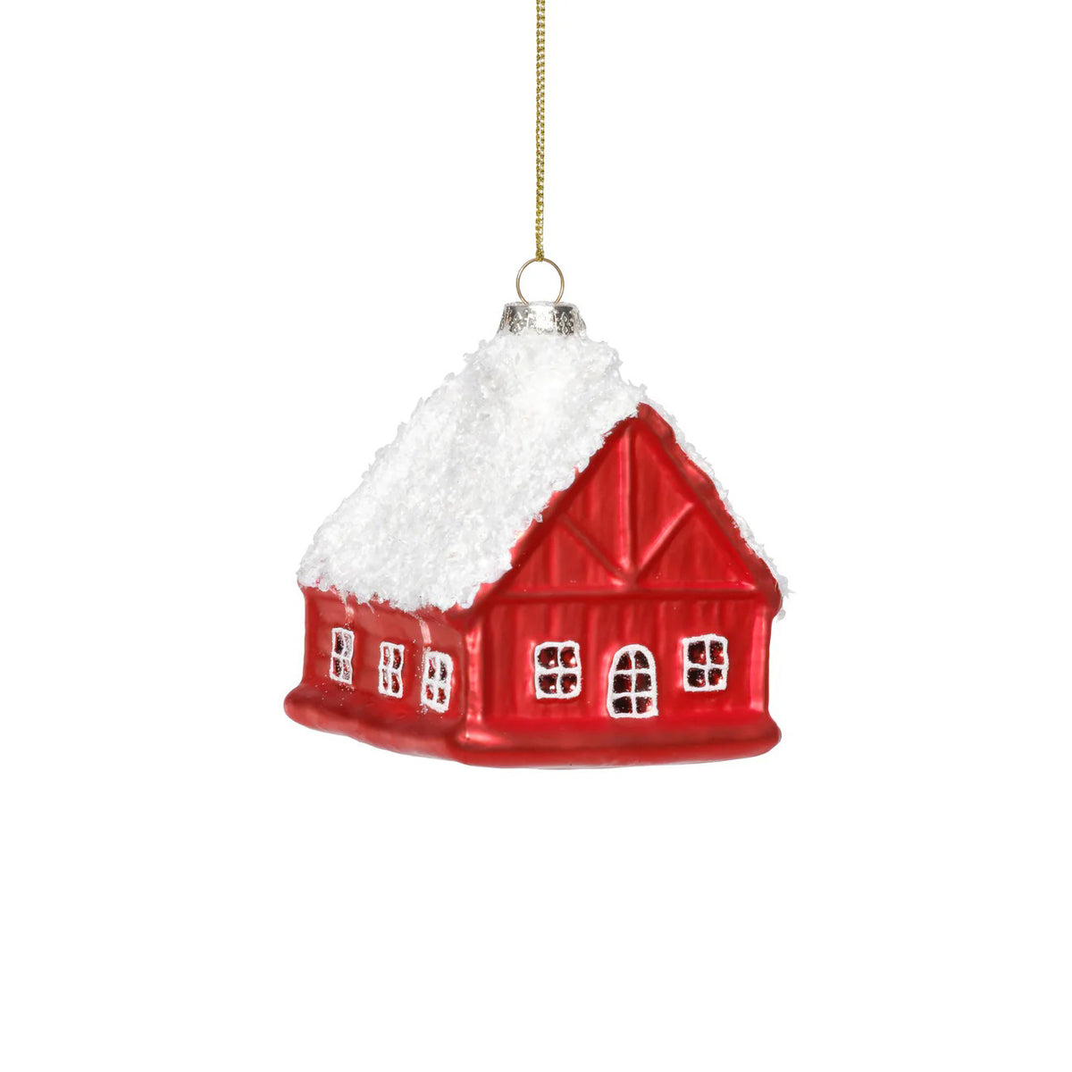The ZODAX GLASS RED HOUSE ORNAMENT features a snow-covered roof and sits on faux snow, flanked by two clear glass baubles with white swirls—an ideal size in both inches and centimeters for festive displays.