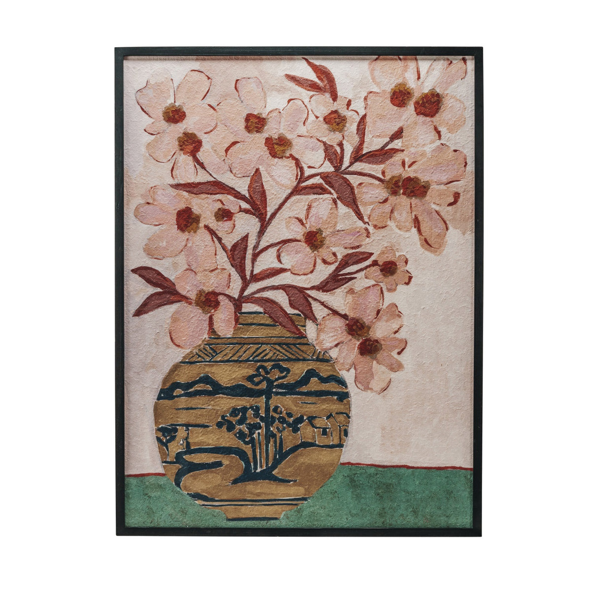 Introducing the WOOD FRAMED FLORAL WALL ART - PINK FLOWERS IN CHINOISERIE VASE from CREATIVE COOP. This oversized wall decor showcases a painting of pink flowers with red stems arranged in a decorative chinoiserie vase adorned with an intricate landscape pattern of trees, hills, and water. Set against a background that transitions from light pink above to green below, this elegant piece is beautifully framed in black wood, making it a striking addition to any space.