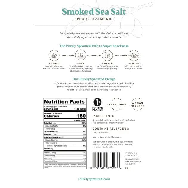 A package of PURELY SPROUTED - SMOKED SEA SALT SPROUTED ALMONDS from the PURELY SPROUTED brand is displayed. The front of the pack highlights key features such as being nutrient-dense, plant-based protein, gluten-free, a superfood, and vegan. The packaging shows smoked sea salt almonds along with nutrition information.