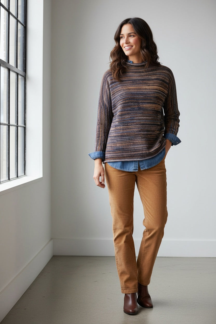 A woman stands near a window in a bright, minimal room, smiling and looking to the side while wearing the FRANK & EILEEN MONTEREY Rolled Funnel Neck Sweater in Pure Italian Cotton Harvest Stripes layered over a chambray shirt, paired with tan pants and brown ankle boots.