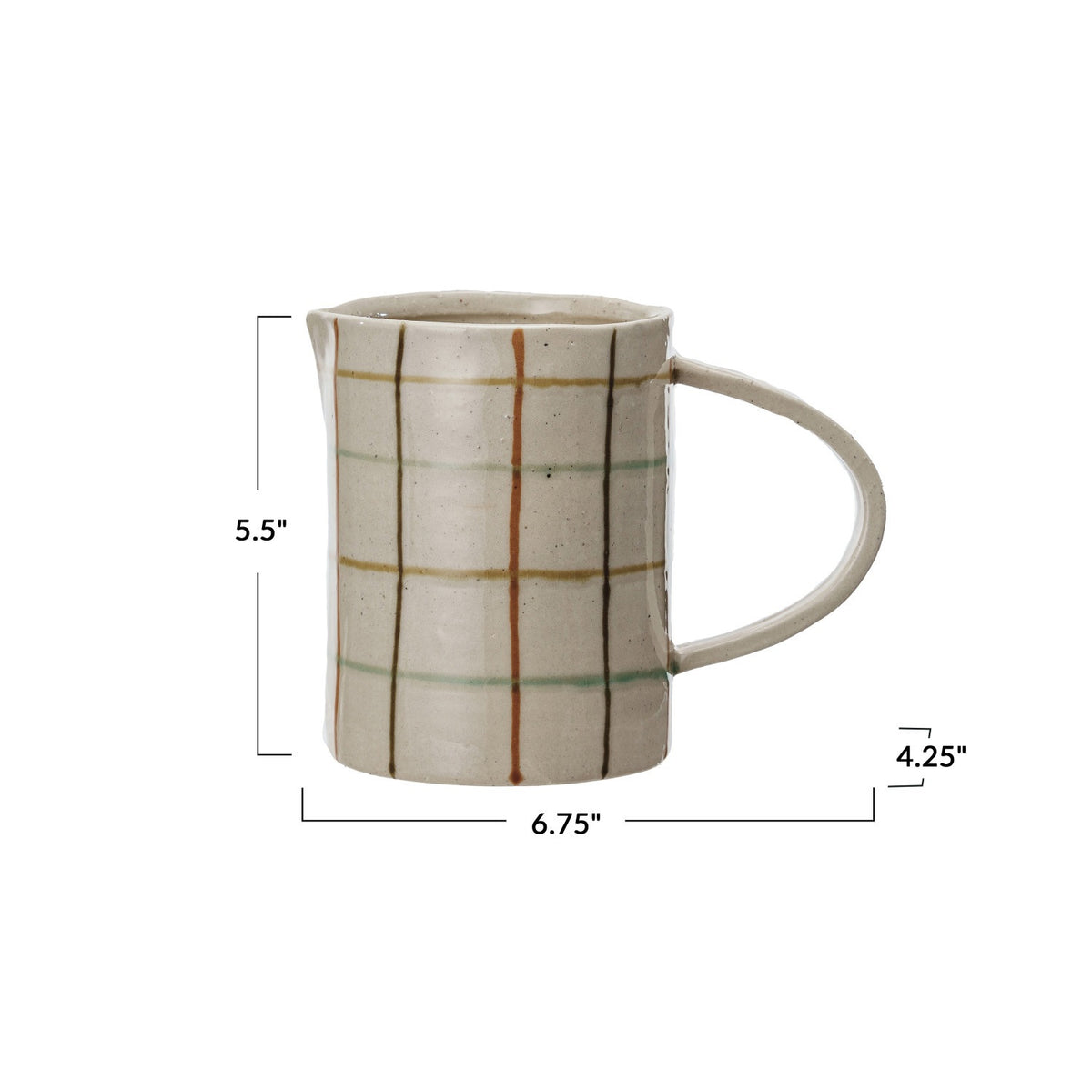 Close-up of the HAND-PAINTED STONEWARE PITCHER by CREATIVE COOP, showcasing an artisanal beige surface with a grid of brown, orange, and light green, plus small dark speckles for added charm.