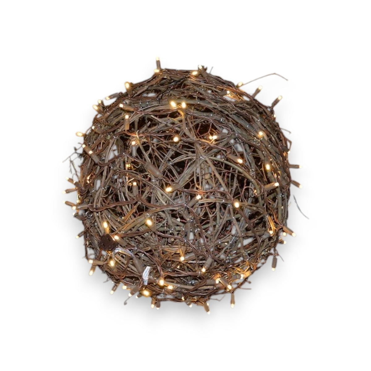 The PRE-LIT GRAPEVINE BALL - 12 INCHES by EGRAPEVINESTORE features intertwined brown branches with small warm white LED lights, creating a dense and textured appearance while adding a festive and cozy glow.