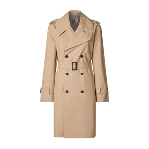 The SAVE THE DUCK - TAYLA TRENCH COAT is a beige water-repellent twill, double-breasted trench with a belted waist, wide lapels, epaulets, and buttoned sleeve cuffs, shown against a plain light gray background.