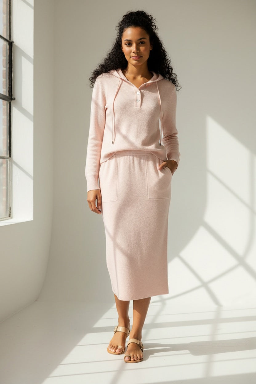 The KINROSS CASHMERE - DOUBLEKNIT SKIRT by KINROSS features a soft, velvet-like dark blue textured fabric reminiscent of double-knit material, with a consistent color and subtle fuzzy texture variations—ideal for crafting a chic midi-length skirt.