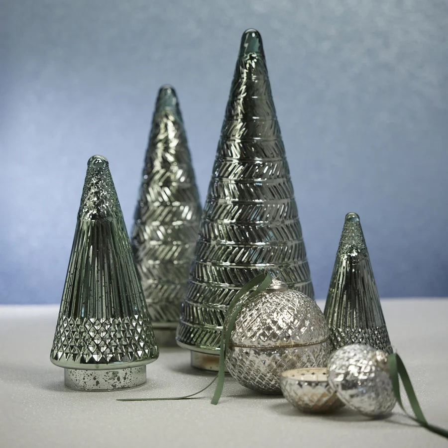 Large green SIBERIAN ANTIQUE GLASS LED TREE in a textured, ribbed antique glass style for holiday décor.