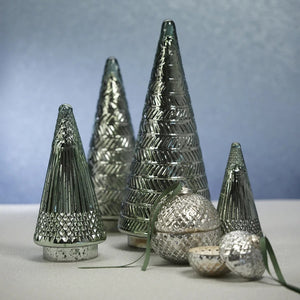 Small SIBERIAN ANTIQUE GLASS LED TREE IN GREEN, a cone-shaped green glass Christmas tree ornament with a textured, metallic finish.