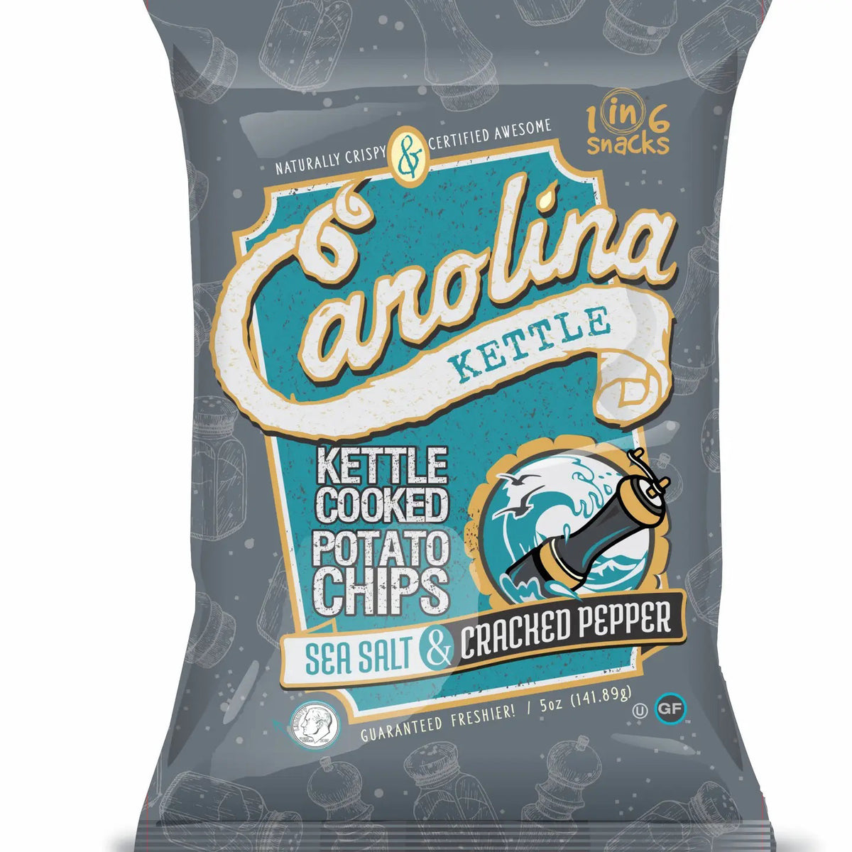 A bag of Carolina Kettle Sea Salt and Cracked Pepper chips by 1 in 6 Snacks features a distinctive design and supports hunger relief efforts.