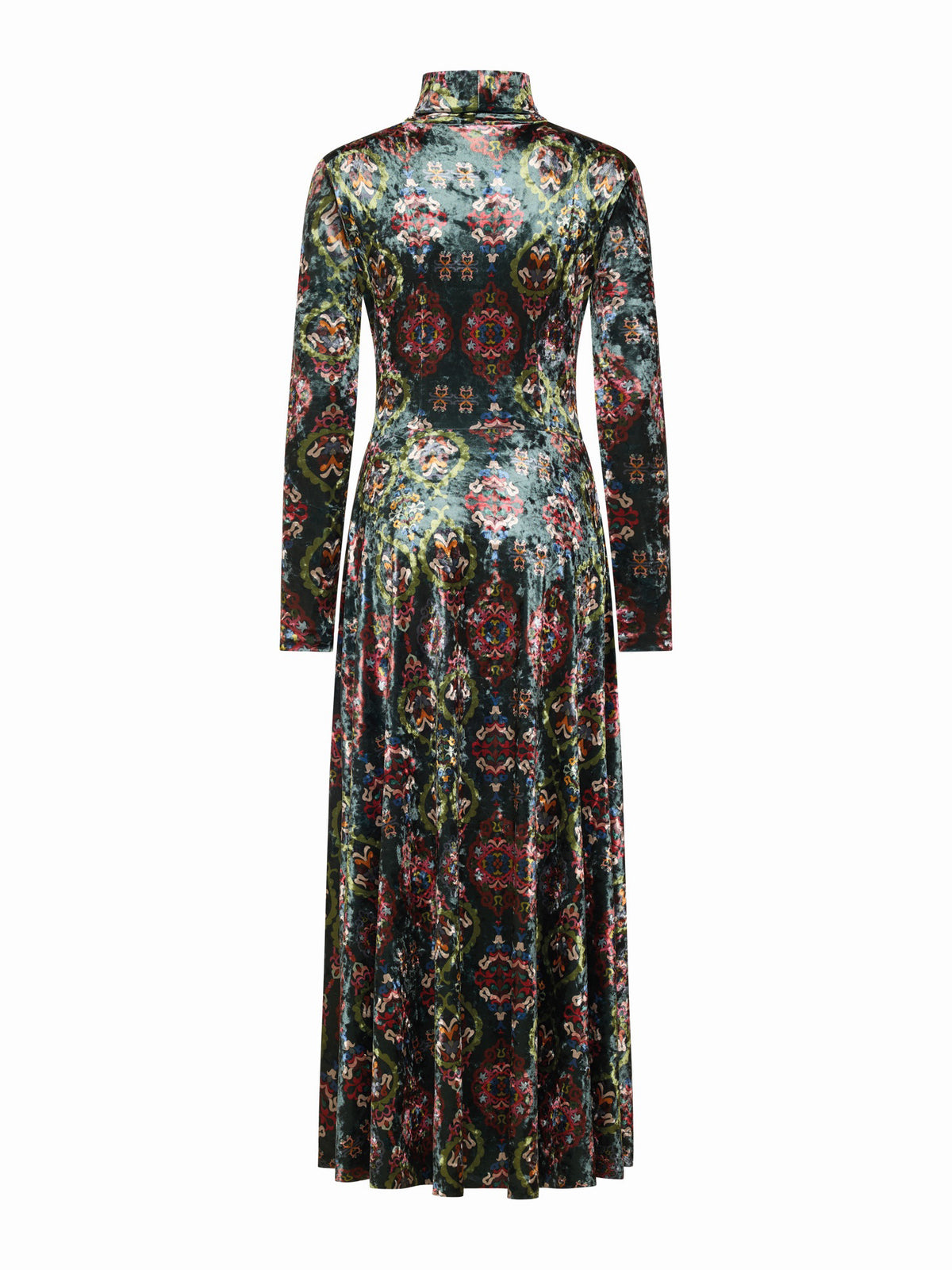 The FRANCO FERRARI RANAT Velvet Midi Dress features long sleeves, a high neck, a gathered front, and an intricate red, green, and blue floral pattern on a dark background.