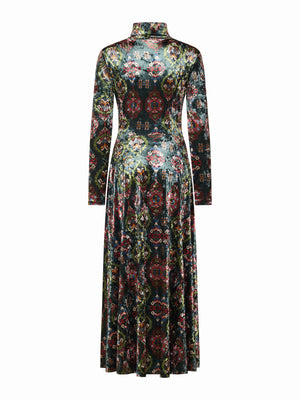 The FRANCO FERRARI RANAT Velvet Midi Dress features long sleeves, a high neck, a gathered front, and an intricate red, green, and blue floral pattern on a dark background.