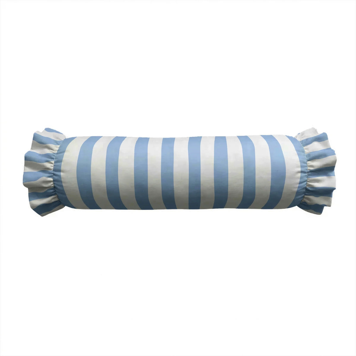 The LOOM & CLOTH Simple Stripe Ruffled Bolster Pillow in Blue showcases a 100% cotton cover with blue and white vertical stripes and elegant ruffled ends, displayed against a plain white background.
