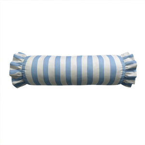 The LOOM & CLOTH Simple Stripe Ruffled Bolster Pillow in Blue showcases a 100% cotton cover with blue and white vertical stripes and elegant ruffled ends, displayed against a plain white background.