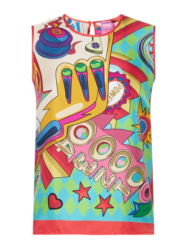 Introducing the FRANCO FERRARI Aloe Pinball Sleeveless Silk Top by Franco Ferrari—this exquisite piece features a vibrant, multicolored pop art design with various abstract shapes, patterns, and comic-style illustrations such as a stylized hand, stars, and the word "POWER." Crafted in Italy, it boasts a round neckline accentuated with red outlines on the hem and neck.