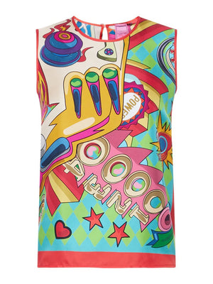 Introducing the FRANCO FERRARI Aloe Pinball Sleeveless Silk Top by Franco Ferrari—this exquisite piece features a vibrant, multicolored pop art design with various abstract shapes, patterns, and comic-style illustrations such as a stylized hand, stars, and the word "POWER." Crafted in Italy, it boasts a round neckline accentuated with red outlines on the hem and neck.