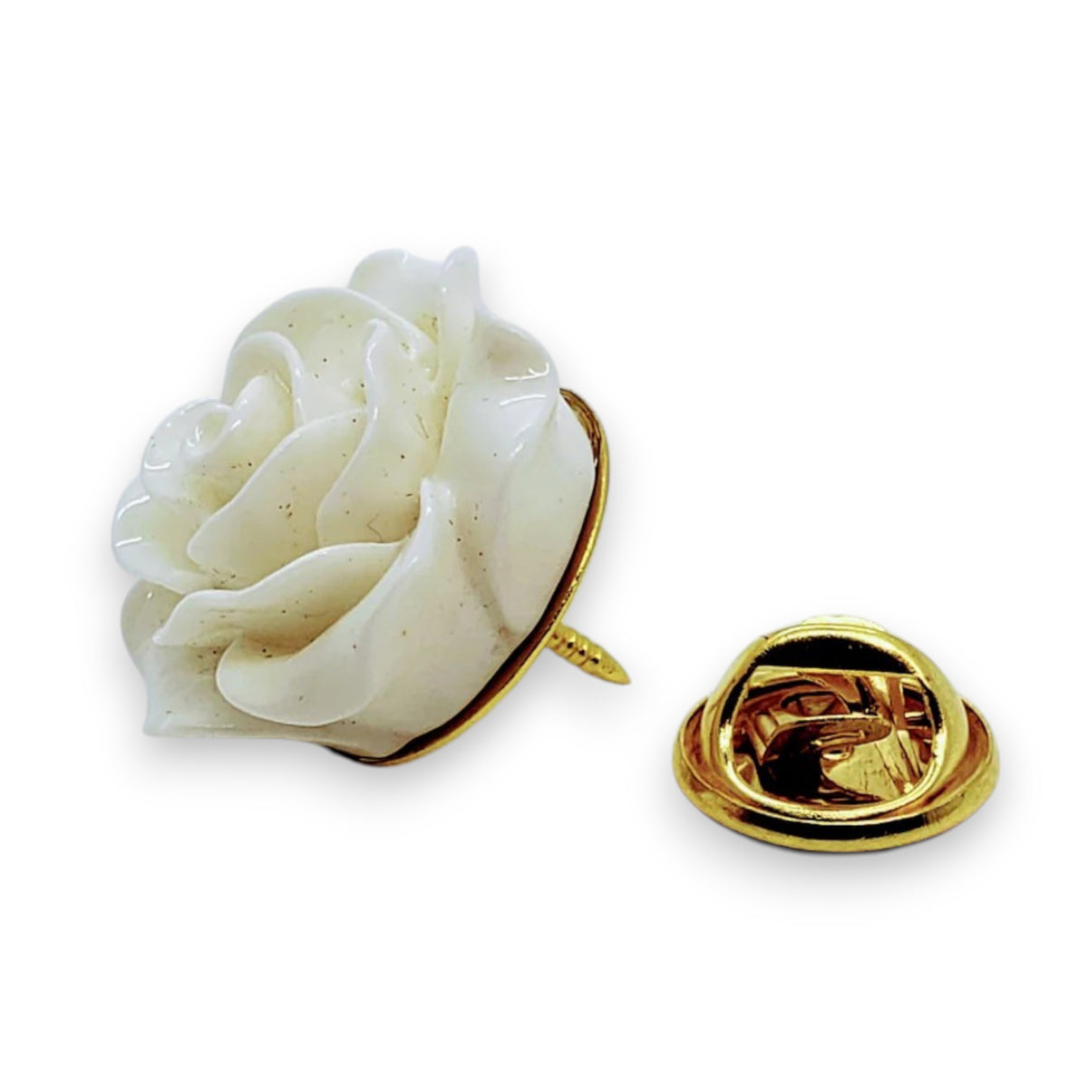 The CLIFTON WILSON - RESIN LAPEL FLOWER PIN is a detailed yellow rose accessory with smooth petals, evoking elegance and charm—a unique formalwear accent—presented against a plain white background.