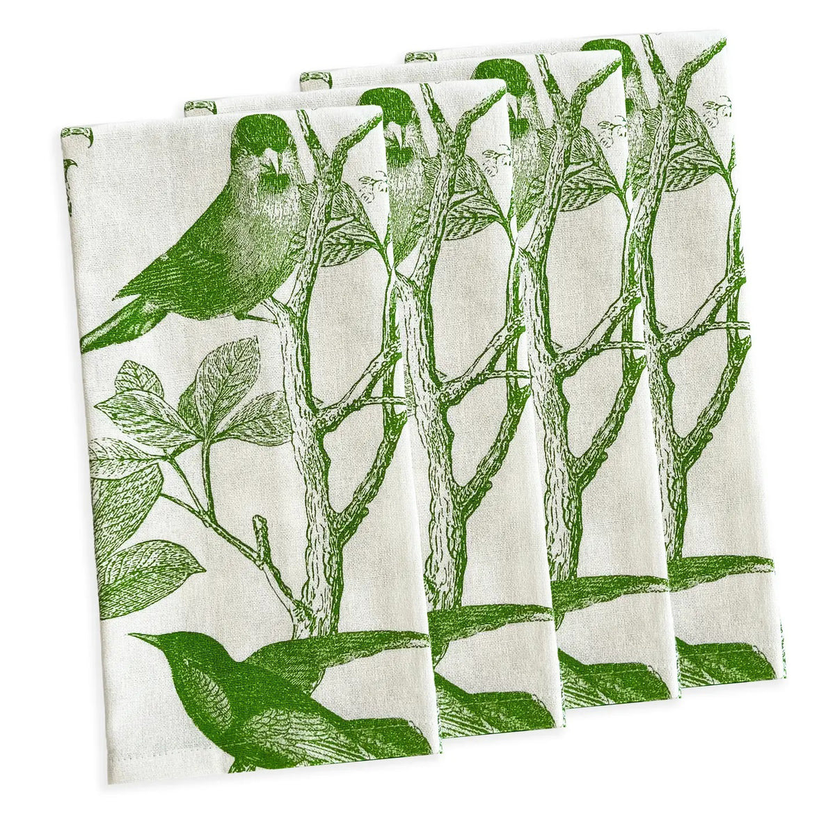 Four white cotton CASKATA - ARBOR BIRDS DINNER NAPKINS by CASKATA, made in India, are neatly stacked and display a repeating pattern of green birds on leafy branches.