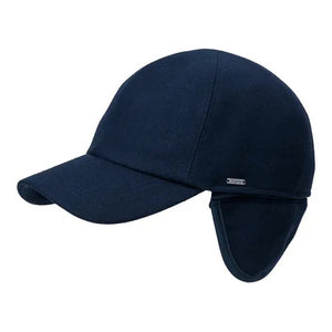 The WIGENS - CLASSIC WOOL BASEBALL CAP by WIGENS is a navy blue winter cap with quilted polyester lining and fold-down earflaps, designed to keep your ears warm and protected in cold weather.