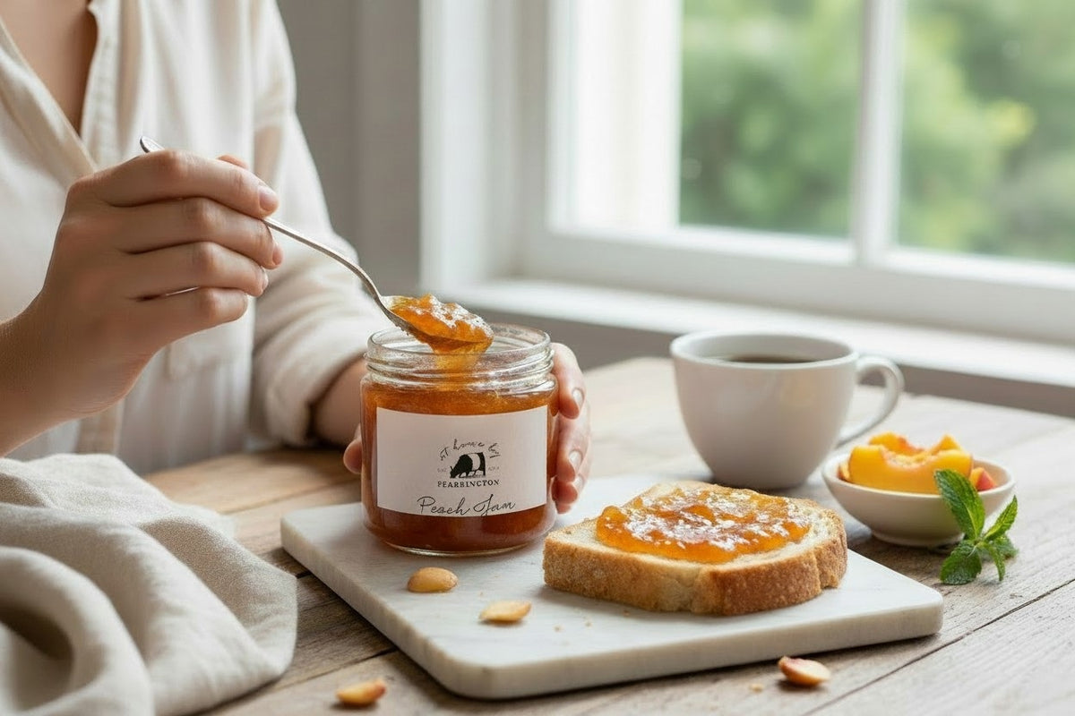 The FEARRINGTON SIGNATURE COLLECTION - FEARRINGTON HOUSEMADE PEACH JAM comes in a glass jar featuring a black lid and is adorned with a black and white striped ribbon. The white label reads "Peach Jam" and lists the ingredients as peach, vanilla, lemon, pectin, and sugar. Perfect as a hostess gift, it also notes that it is handmade by FEARRINGTON HOUSE and may contain allergens.