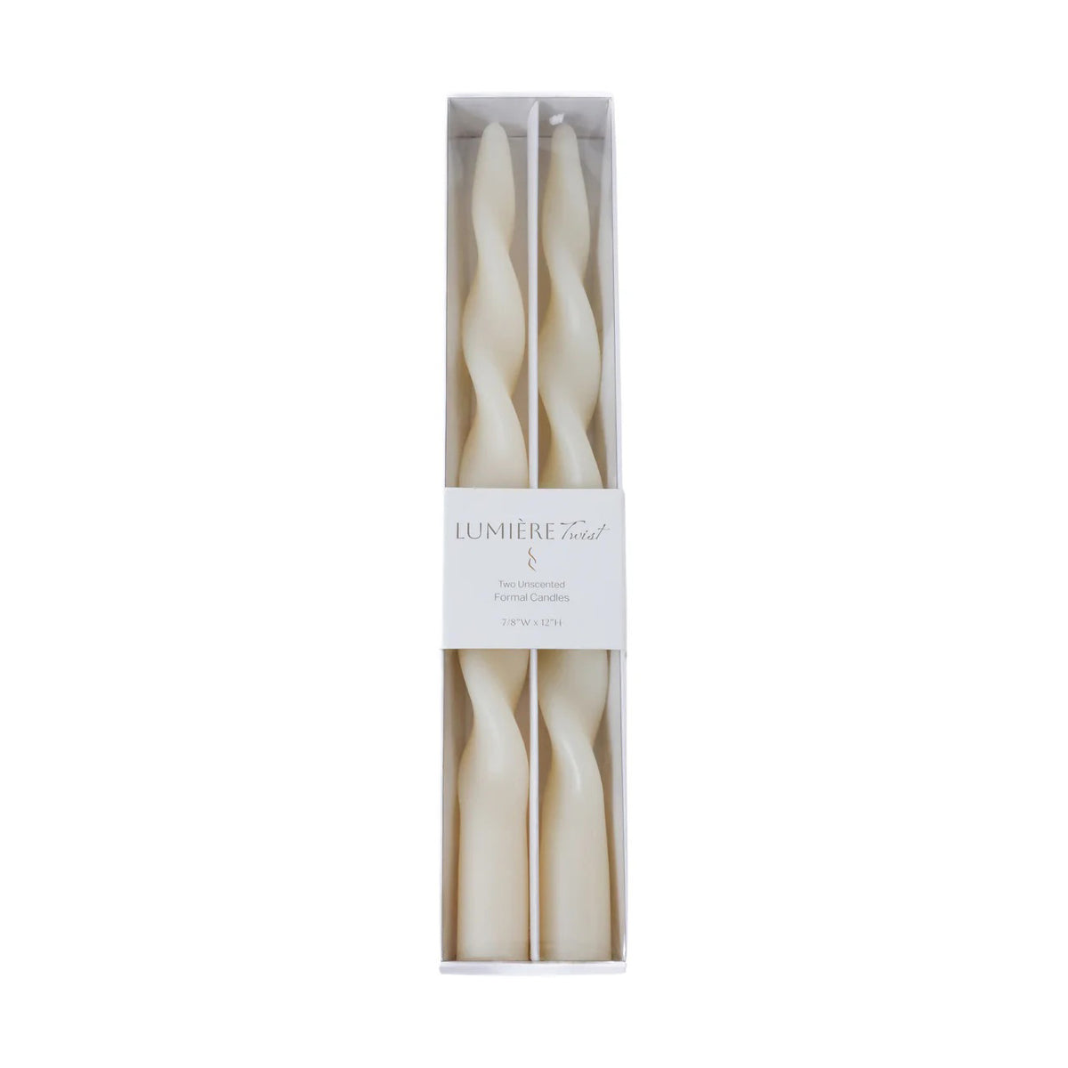 The ZODAX LUMIERE TWIST TAPER CANDLES—set of 2 in ivory, each 12 inches with a 6-hour burn time—stand upright side by side against a plain white background.