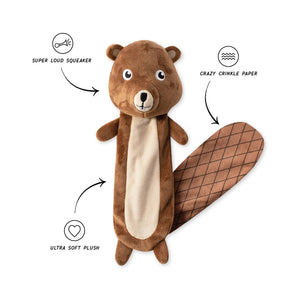 PET SHOP BY FRINGE STUDIO’s FRINGE STUDIO - MR. GNAW IT ALL FLATTIE DOG TOY features a plush beaver design with a large, flat checkered tail, brown body, light tan belly, small round ears, and wide eyes—making this adorable dog toy perfect for cuddle time or playtime fun; pictured on a white background.