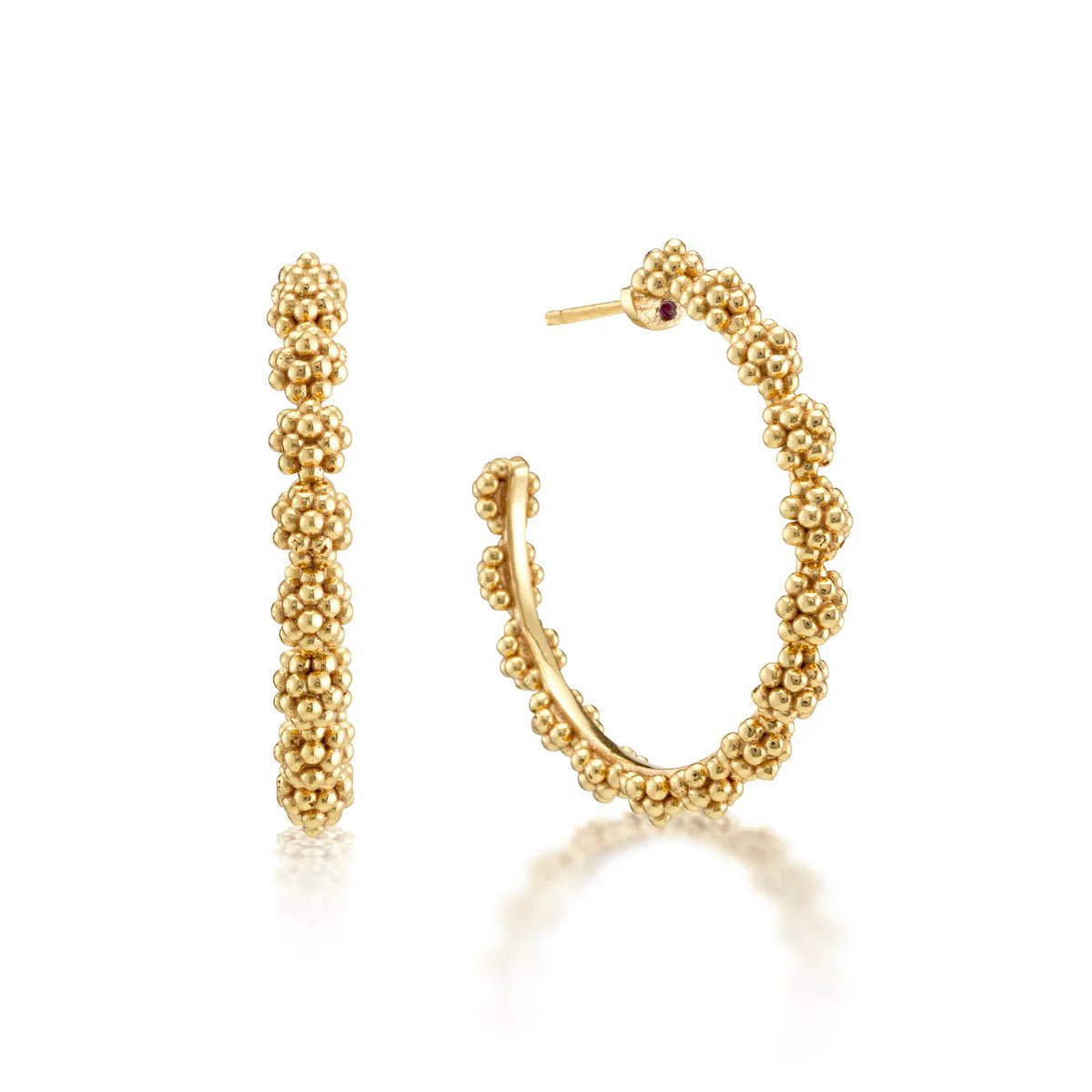 CAPUCINE DE WULF - BERRY ICON MEDIUM HOOP EARRINGS: Handmade 18K gold hoops featuring intricate beaded clusters, displayed from side and angled views against a white background.