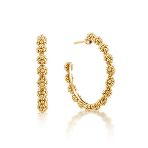 CAPUCINE DE WULF - BERRY ICON MEDIUM HOOP EARRINGS: Handmade 18K gold hoops featuring intricate beaded clusters, displayed from side and angled views against a white background.