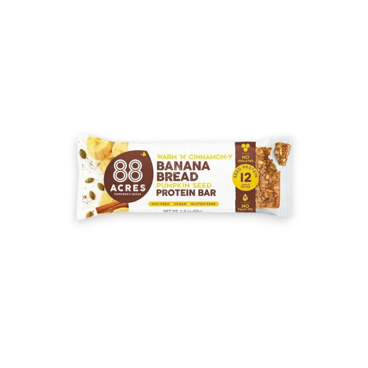 A protein bar wrapper labeled &quot;88 ACRES - BANANA BREAD HIGH PROTEIN BAR&quot; by 88 Acres. The wrapper highlights features such as &quot;Nut-Free,&quot; &quot;Vegan,&quot; &quot;Gluten-Free,&quot; 12 grams of protein, and &quot;No Palm Oil.&quot; The wrapper is set against a white wooden background.