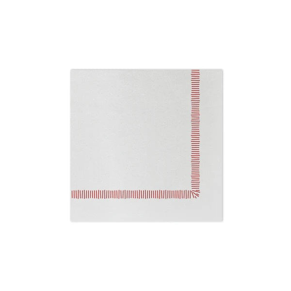 The VIETRI Fringe Cocktail Napkin, crafted from Italian spunlace, features a decorative green border on two adjacent sides forming a right angle. Ideal for cocktails, its design showcases evenly spaced vertical lines on a plain white background.