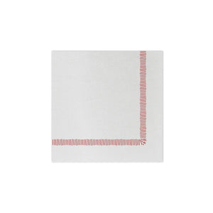 The VIETRI Fringe Cocktail Napkin, crafted from Italian spunlace, features a decorative green border on two adjacent sides forming a right angle. Ideal for cocktails, its design showcases evenly spaced vertical lines on a plain white background.