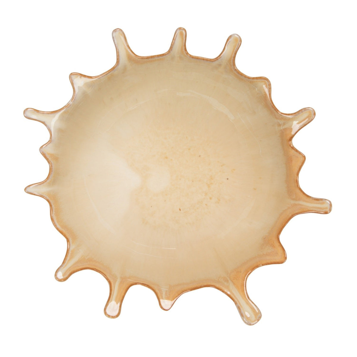 The CREATIVE COOP STONEWARE SUNBURST BOWL features wavy, irregular edges and a striking sunburst design in light neutral tones, shown here as two bowls—one viewed from the side, one from above.