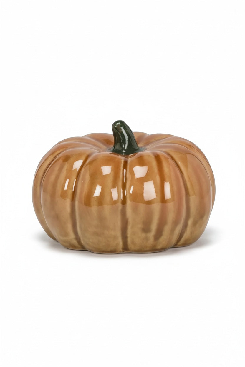 MEDIUM CERAMIC PUMPKIN in glossy tan glazed ceramic with a dark green stem, perfect for fall decor.