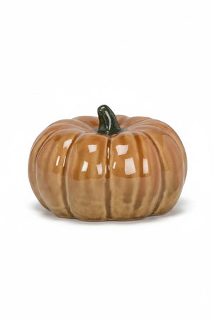 MEDIUM CERAMIC PUMPKIN in glossy tan glazed ceramic with a dark green stem, perfect for fall decor.