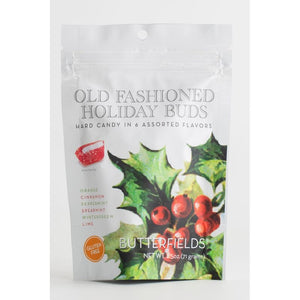A BUTTERFIELDS - HOLIDAY BUDS stand-up pouch of hard candy featuring a holly illustration, a list of six flavors including cinnamon and peppermint, and a gluten-free label.