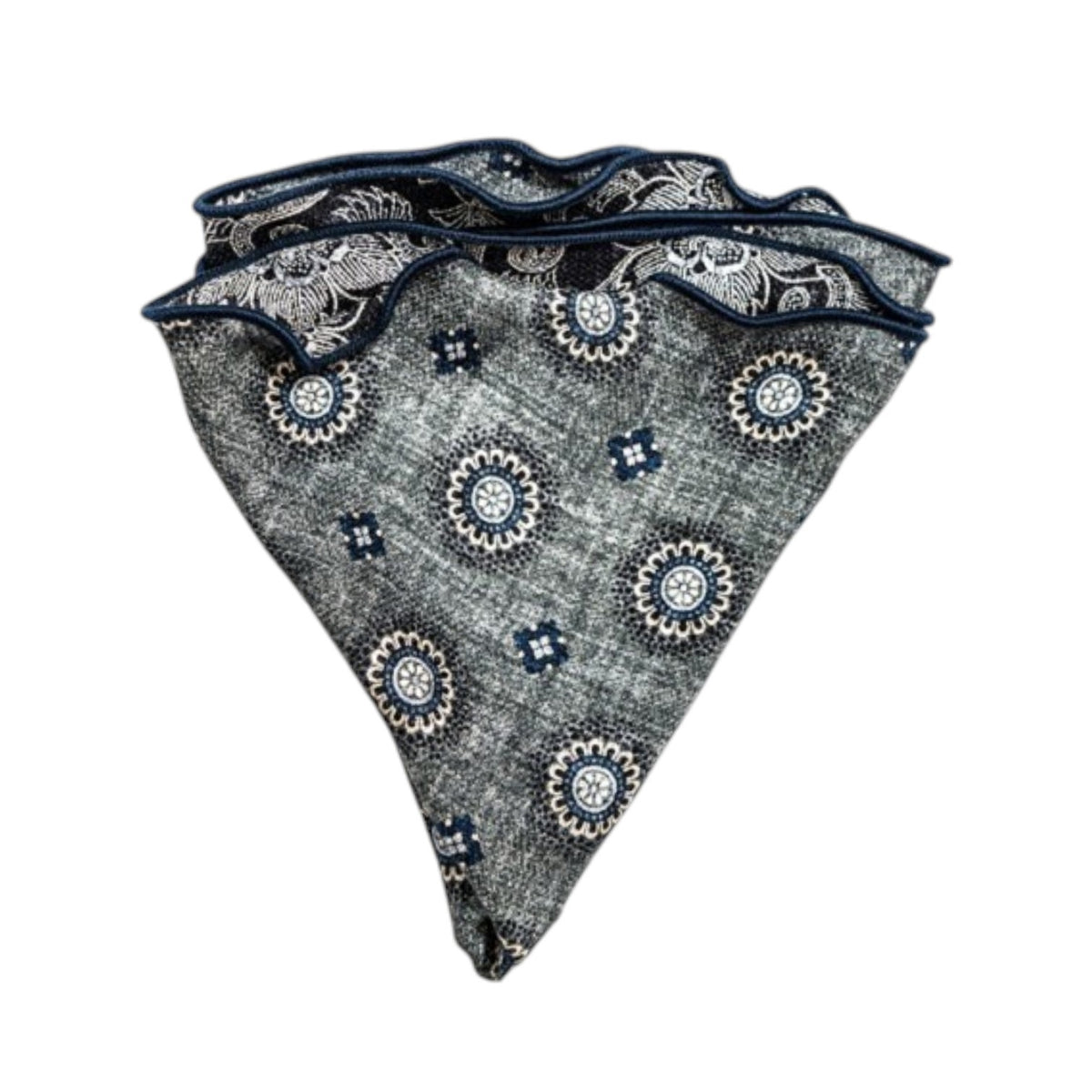 The EDWARD ARMAH Silk Reversible Pocket Circle in Grey Medallion features circular grey and blue medallion patterns with blue piped edges, presented against a white background.