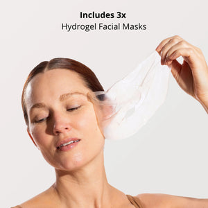 A packet from the OMNILUX - HYDROGEL FACIAL MASKS, 3 PACK, by OMNILUX, appears in white with blue accents and a gold logo, displaying English and French text on the front. The packaging highlights its infusion with Hyaluronic Acid and is centered against a plain white background.