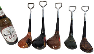 VINTAGE GOLF GIFTS' VINTAGE WOOD DRIVER BOTTLE OPENER features handles made from recycled wood golf clubs, designed to resemble classic club heads—unique vintage golf gifts, ideal for any enthusiast.