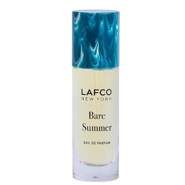 A clear glass perfume bottle labeled “LAFCO - FINE FRAGRANCE, BARE SUMMER 10ML” from LAFCO, topped with a turquoise marbled cap, this essential oil fragrance features an elegant blend that’s both refreshing and modern.