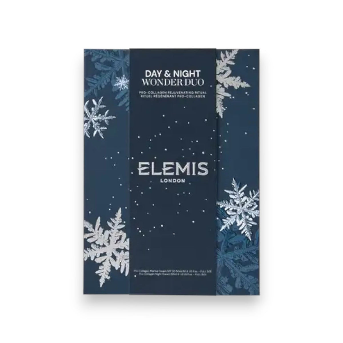 A dark blue ELEMIS - STEINER DAY &amp; NIGHT WONDER DUO SKINCARE SET box with silver and white snowflake designs, featuring Pro-Collagen Marine Cream and Night Cream for radiant skin.