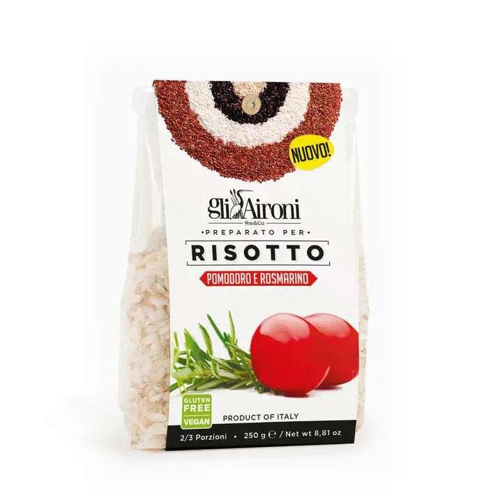Bag of GLI AIRONI - TOMATO AND ROSEMARY RISOTTO (Pomodoro e Rosmarino) from ZIA PIA IMPORTS. The packaging features uncooked Carnaroli rice with images of tomatoes and rosemary. Labels indicate gluten-free and vegan, with a "Nuovo!" sticker showing it's a new product. Made in Italy. Net weight is 250g.