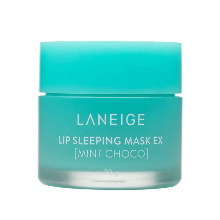 A turquoise jar of LANEIGE LIP SLEEPING MASK MINT CHOCO by KOSMIC KBEAUTY SKINCARE, featuring white text and a matching lid, is displayed against a plain white background.