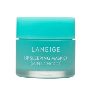 A turquoise jar of LANEIGE LIP SLEEPING MASK MINT CHOCO by KOSMIC KBEAUTY SKINCARE, featuring white text and a matching lid, is displayed against a plain white background.