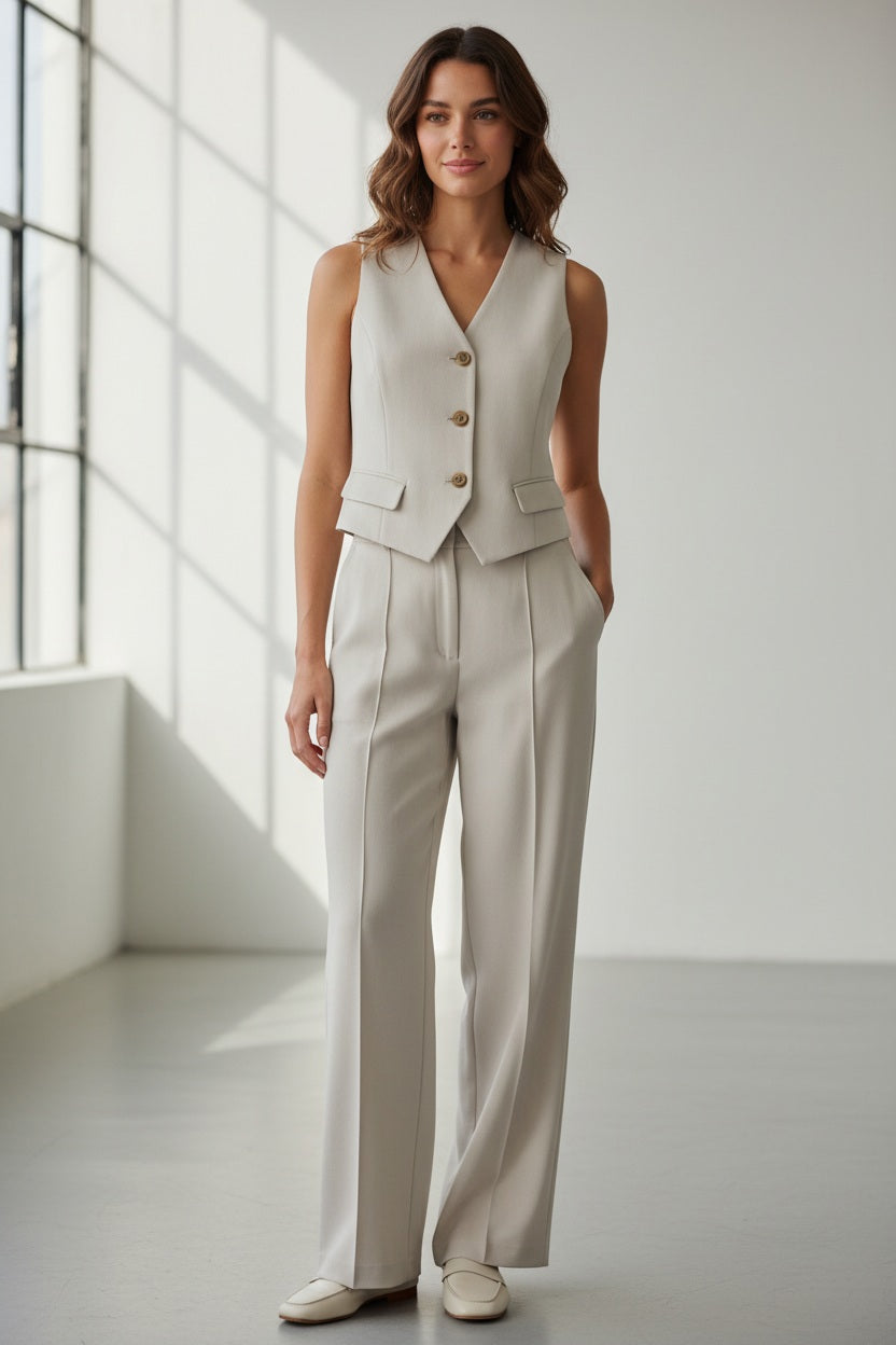 A person with long dark hair models the SPANX - CAREFREE CREPE VEST, a sleeveless, light beige tailored vest with gold buttons, paired with matching high-waisted trousers, standing hands in pockets against a plain white background.