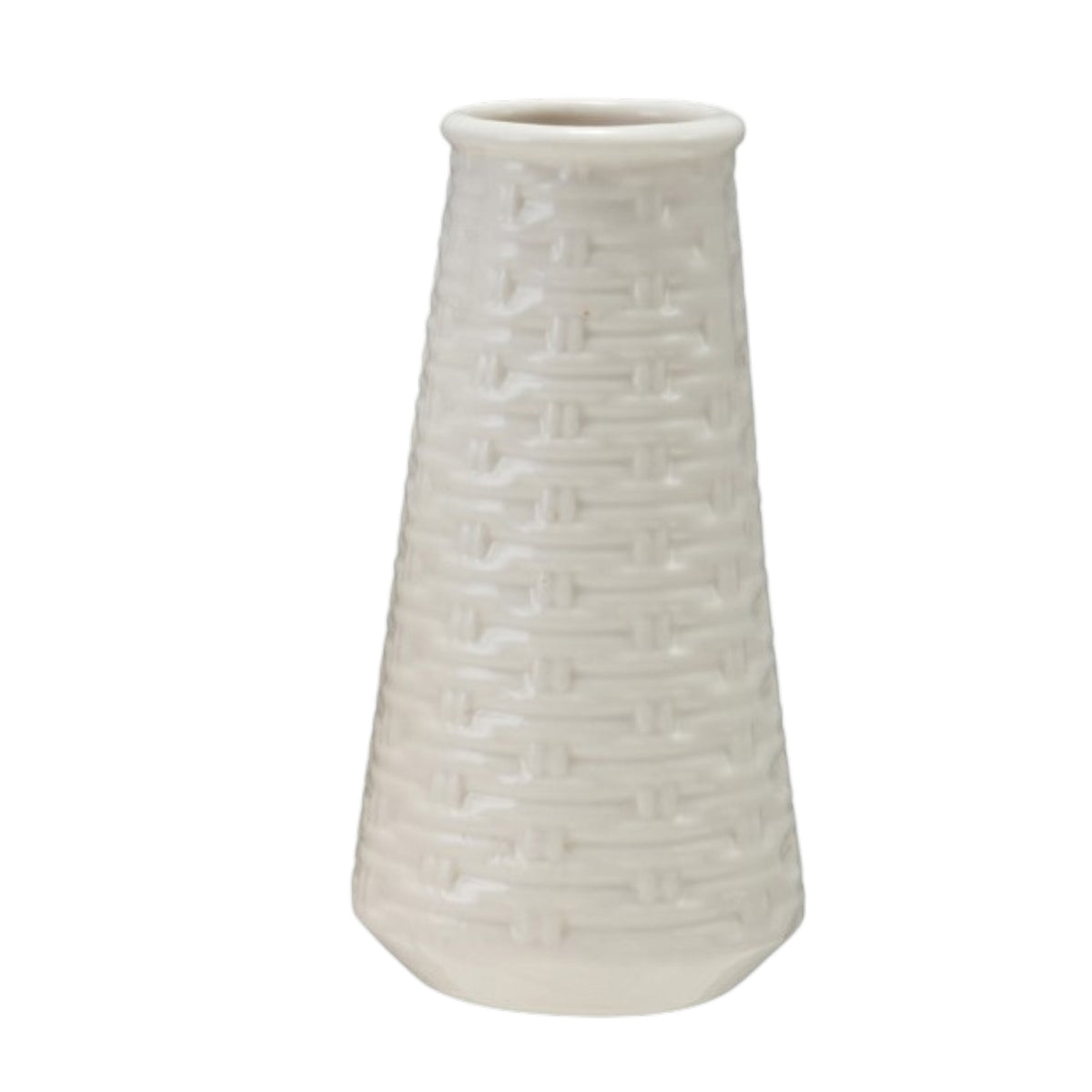 A gold tray with three white vases, including the CREATIVE COOP EMBOSSED STONEWARE BASKET WEAVE VASE, LARGE—two holding green stems—rests on books, with a blue and white patterned chair visible in the background.