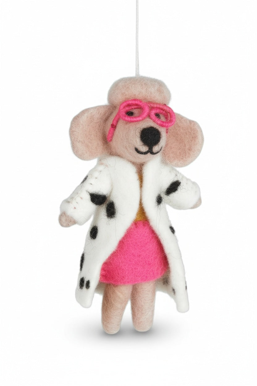DELLIE THE FASHION POODLE ORNAMENT, a felt poodle wearing pink goggles, a zebra print coat, and a neon pink mini skirt.