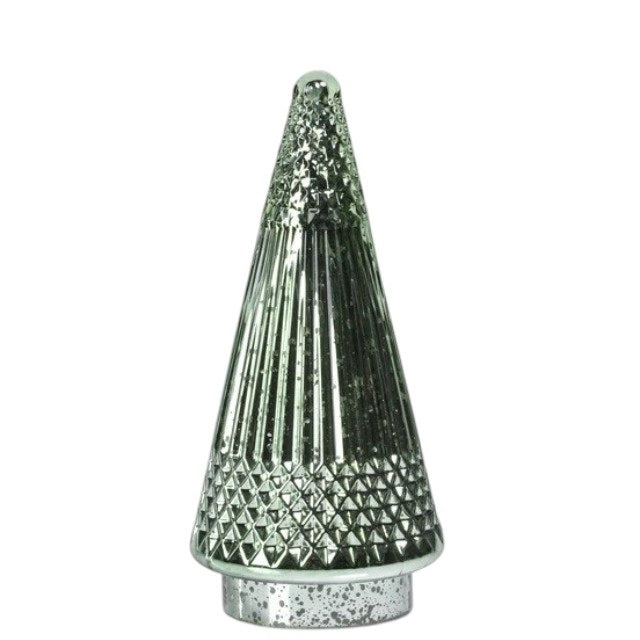 ZODAX SIBERIAN ANTIQUE GLASS LED TREE IN GREEN, MEDIUM, a green glass tree ornament with a textured, reflective finish and a smooth cylindrical base.