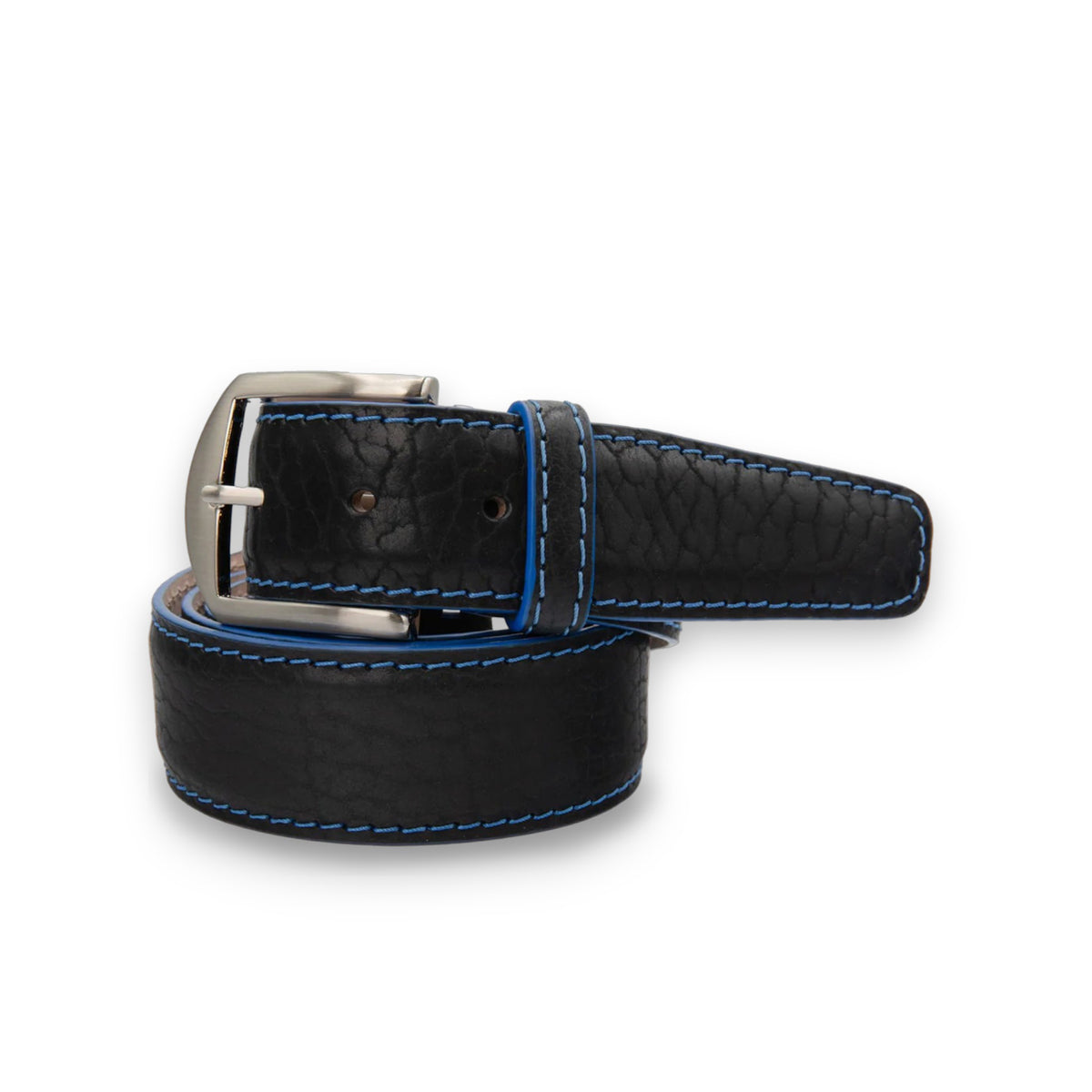 The LEN LIFESTYLE American Bison Belt in Black/Denim features blue stitching, a silver buckle, and tan inner lining. Handcrafted in the USA, it's displayed circularly with the buckle fastened.
