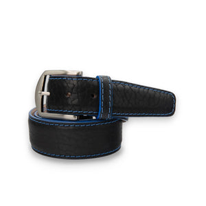 The LEN LIFESTYLE American Bison Belt in Black/Denim features blue stitching, a silver buckle, and tan inner lining. Handcrafted in the USA, it's displayed circularly with the buckle fastened.