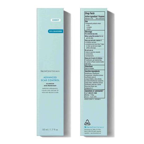 Packaging of SKIN CEUTICALS - ADVANCED SCAR CONTROL. The blue-green box emphasizes the product&#39;s capabilities in both smoothing existing scars and preventing new ones. It features a panel that lists drug facts, including active ingredients, usage warnings, and directions for use.
