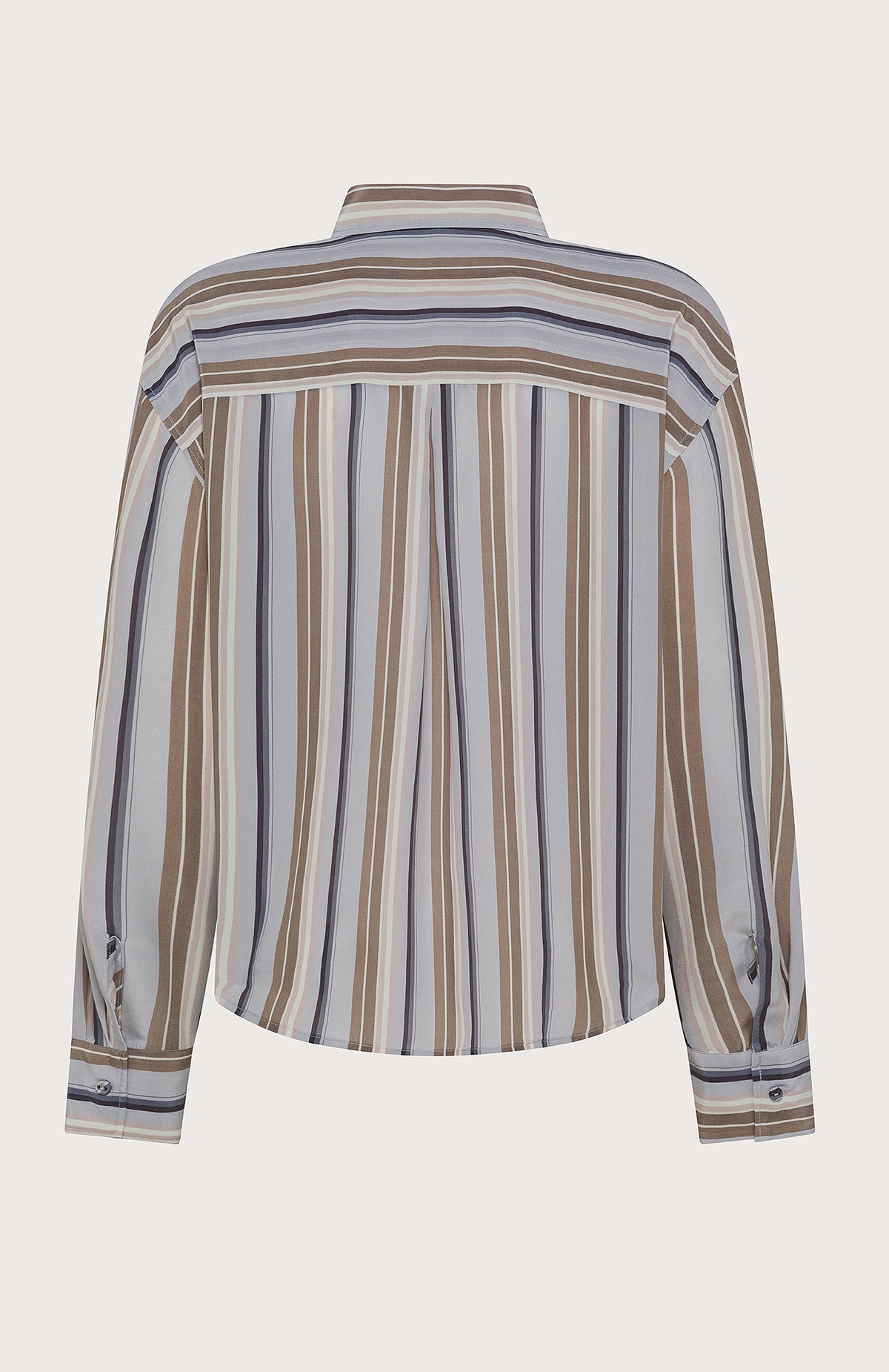The SEVENTY VENEZIA Stripe Blouse by SEVENTY is an Italian-made viscose shirt with long sleeves, a classic collar, and vertical stripes in white, beige, brown, and gray. Its slightly loose fit provides effortless style.