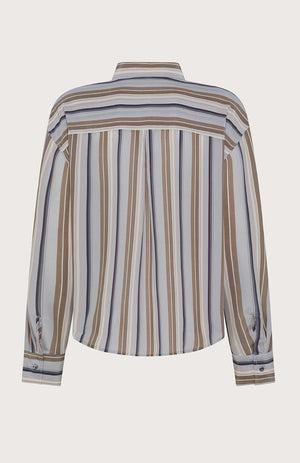 The SEVENTY VENEZIA Stripe Blouse by SEVENTY is an Italian-made viscose shirt with long sleeves, a classic collar, and vertical stripes in white, beige, brown, and gray. Its slightly loose fit provides effortless style.